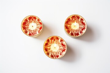 Top view Festive red and gold candles on a white background
