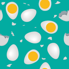 Vector illustration of seamless pattern chicken egg and crack egg. Morning meal background. Chicken farm product in flat design. - 678884850