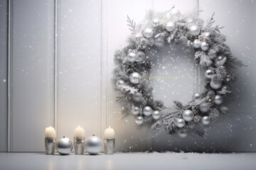 winter theme Christmas wreath adorned with white ornaments, frosted pine branches, and twinkling lights, hanging on white wooden wall