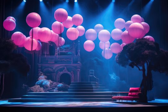 theater stage bathed in blue lighting with pink balloons floating above, creating a dream like atmosphere