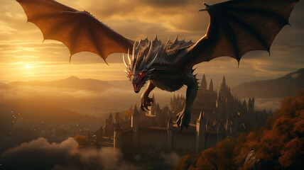Realistic image of huge dragon with open wings flying in the sky. Action shot. Cinematic colors and...