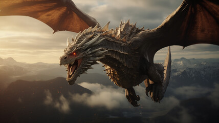 Realistic image of huge dragon with open wings flying in the sky. Action shot. Cinematic colors and sharp details of a dragon with open mouth. - obrazy, fototapety, plakaty