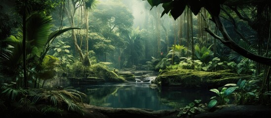 isolated tropical jungle a white ribbon of nature sprawled through the dense green forest adorned with vibrant colored leaves and filled with diverse animal species Exploring this enchantin - obrazy, fototapety, plakaty