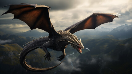 Realistic image of huge dragon with open wings flying in the sky. Action shot. Cinematic colors and sharp details of a dragon with open mouth.