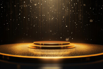 Golden circle round stage base in night concert hall on shimmering bokeh background. Music award concept