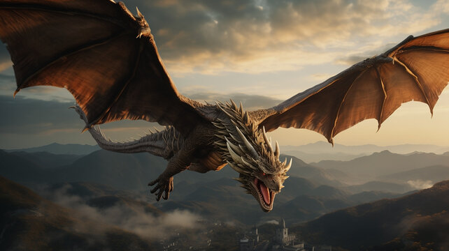 Realistic image of huge dragon with open wings flying in the sky. Action shot. Cinematic colors and sharp details of a dragon with open mouth.