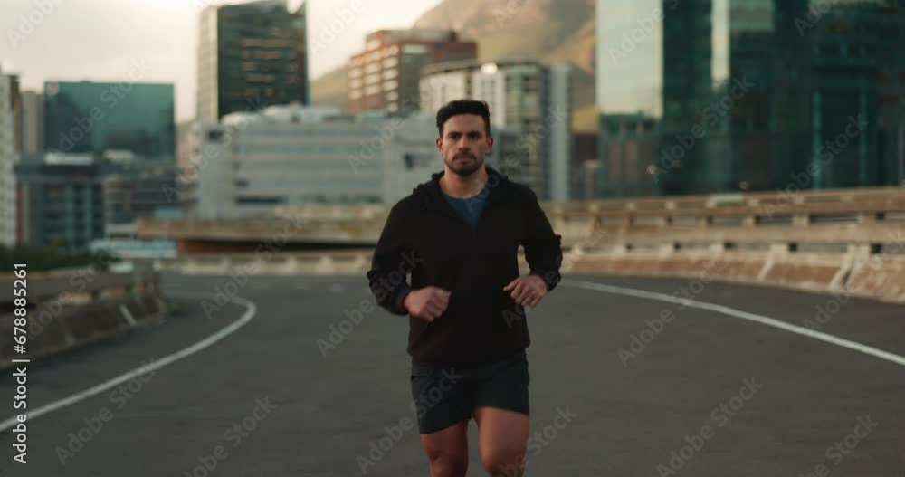 Canvas Prints Running, fitness and face of man in city for marathon training, exercise and cardio workout. Sports, runner and portrait of person in road for performance, endurance and wellness for competition race