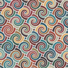 Composition of multicolored geometric striped spirals on a white background. Stripes in blue, green, pink, and yellow vintage colors. Retro style design. Seamless repeating pattern. Vector illustratio