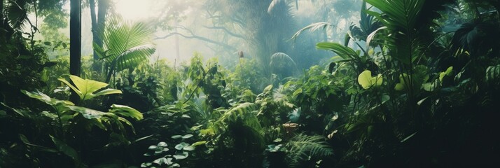 A breathtaking backdrop of a jungle teeming with lush greenery - obrazy, fototapety, plakaty