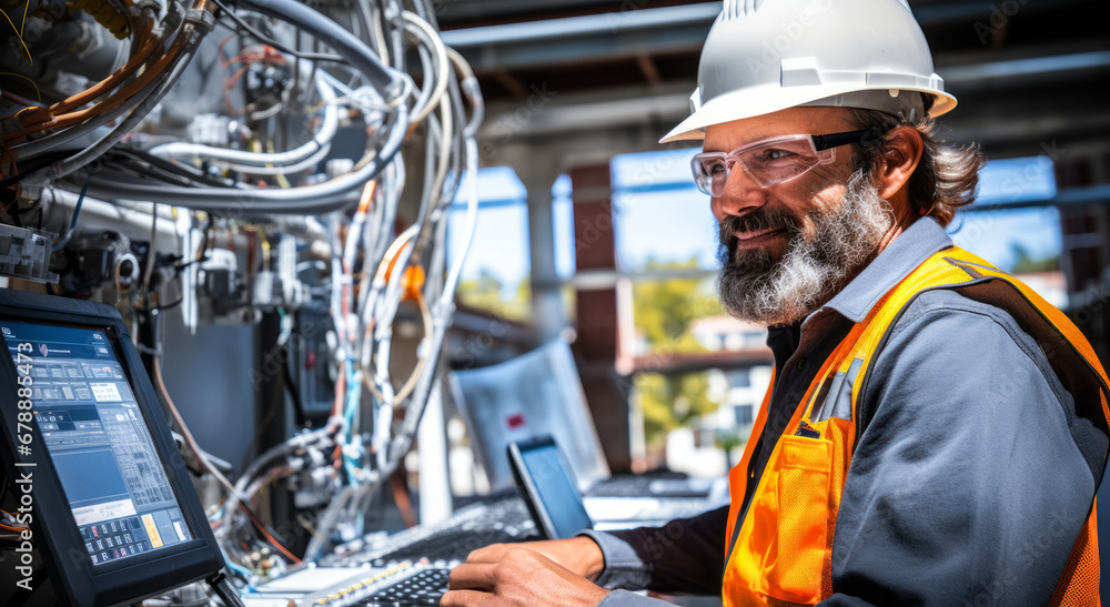 Poster expert energy auditor assessing energy usage in buildings, ensuring efficient system processes