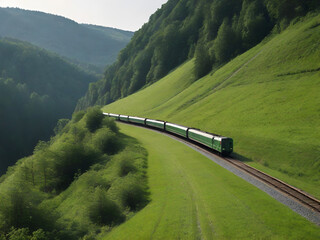 Un paisaje de un tren viajando a través de verdes montañas con frondosos árboles a los lados y más montañas de fondo en un día soleado - obrazy, fototapety, plakaty