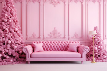 Christmas background with Christmas tree, gifts and sofa in pink colors