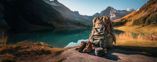 Fototapete hiking backpack and boots and gear equipment for mountain and forest woods nature outdoor activity camping and holiday activity destination wild trip with lake and snow landscape banner © sizsus