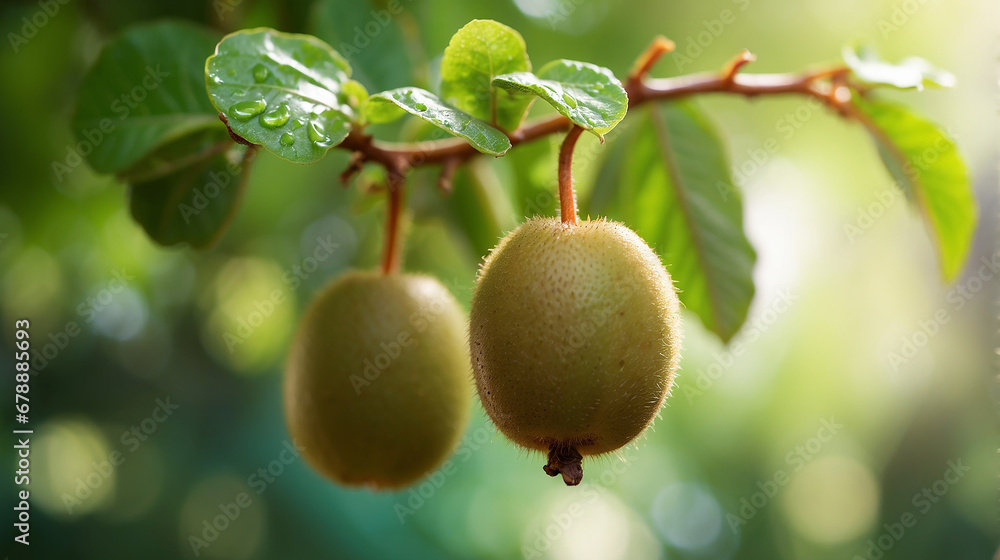 Poster a closeup of a couple of kiwi fruits hanging on a branch with a defocused background - ai generative