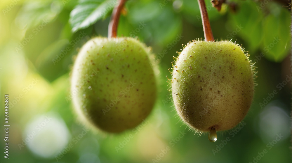 Poster a closeup of a couple of kiwi fruits hanging on a branch with a defocused background - ai generative
