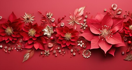 Obraz premium a red background with poinsettias are placed on it