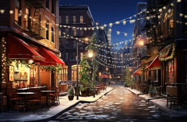 night Christmas city street with light string