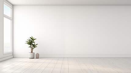 Empty modern apartment in minimalistic style with white wall, potted plant, window and free space for product or text. Generative AI.