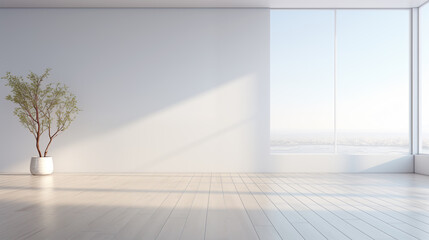 Empty modern apartment in minimalistic style with white wall, potted plant, window and free space for product or text. Generative AI. - obrazy, fototapety, plakaty