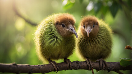 A closeup of a couple of Kiwi Sitting on a branch with a defocused background - AI Generative