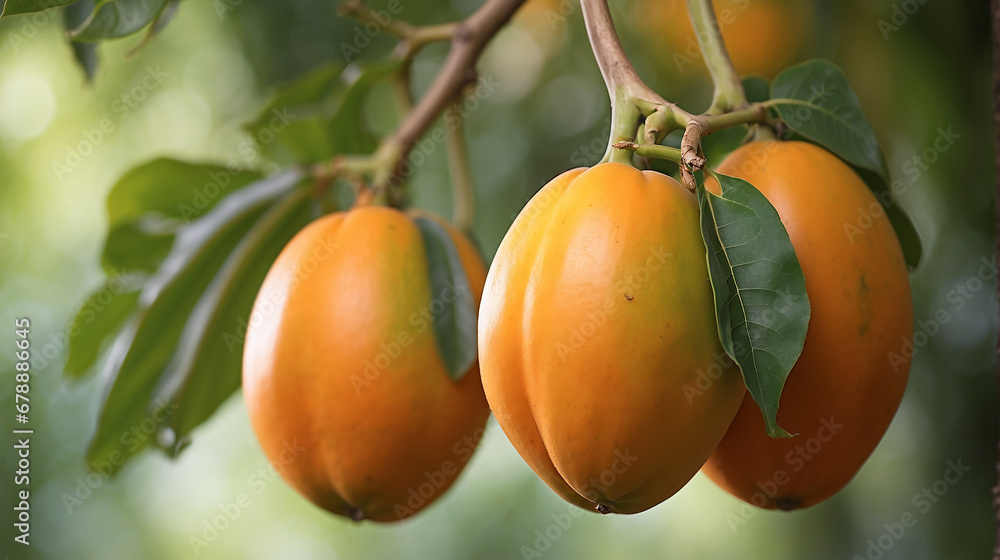 Aufkleber a closeup of a couple of papayas hanging on a branch with a defocused background - ai generative