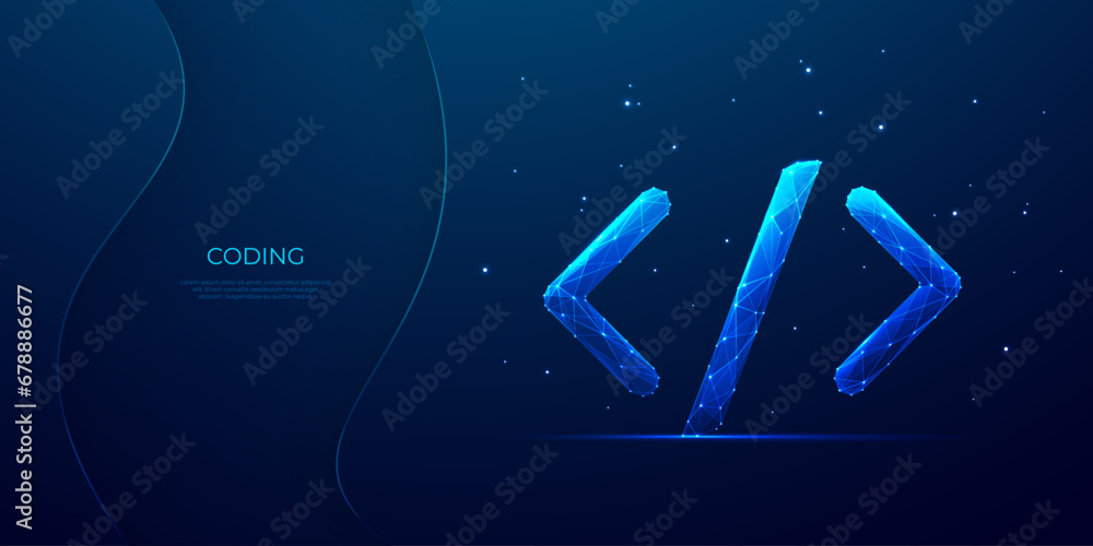 Poster Digital programming code symbol in light blue technology style on a dark background. Software and web development concept. Java script sign. Low poly wireframe with connected dots. Vector illustration