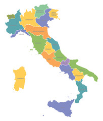 Colorful vector silhouette cartography map of Italian political borders and regional administrative borders and Region names