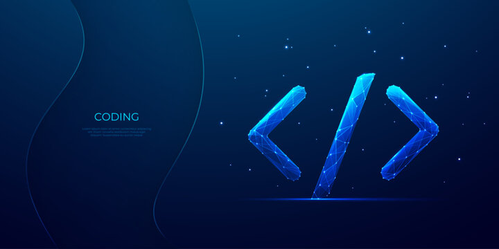 Digital programming code symbol in light blue technology style on a dark background. Software and web development concept. Java script sign. Low poly wireframe with connected dots. Vector illustration