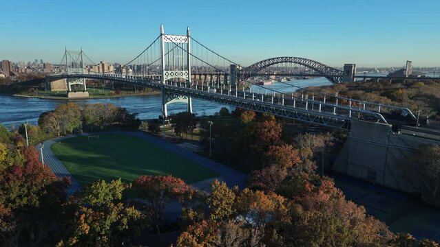 Aerial view of New York City's Robert F. Kennedy Bridge. The Bridge spans The East River connecting the boroughs of Brooklyn, Queens, and Manhattan. 