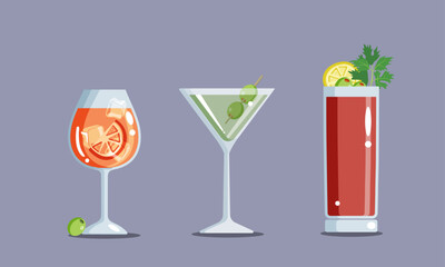 Cocktails for aperitivo - aperol spritz, martini, bloody mary