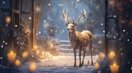 a deer standing in the snow with many christmas