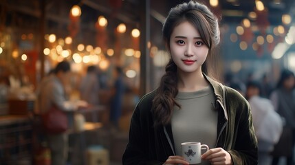 Chinese Woman Enjoying a Hot Cup of Coffee