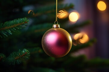 a very small gold ball is hanging in a christmas tree