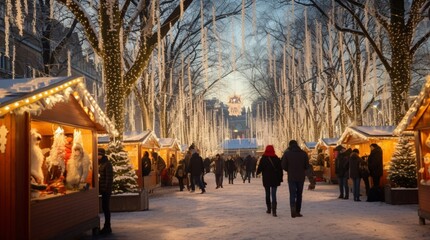 Urban Winter Wonderland: Snow-Covered Cityscape with Trees and People Walking in the Cold, Creating...