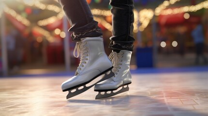Legs Gliding on Ice with Skates, Embracing the Joy of Skating in the Winter - obrazy, fototapety, plakaty