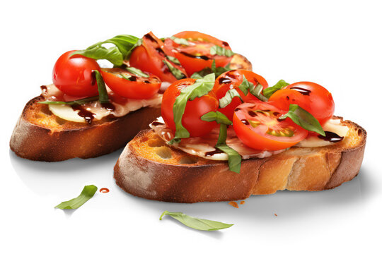 appetizer bruschetta with tomato, cheese and basil isolated on transparent background, png file