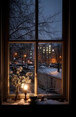 the christmas tree at night through the window