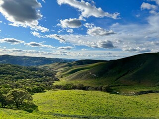 Fototapeta premium Gorgeous view of a green valley with a vast forest under a sunny sky covered with clouds