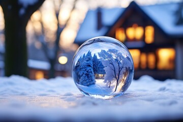 a blue glob surrounded by snow, trees and a house - obrazy, fototapety, plakaty