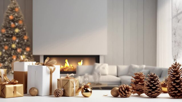 Panning  camera near Christmas Tree and Gifts in a modern light room