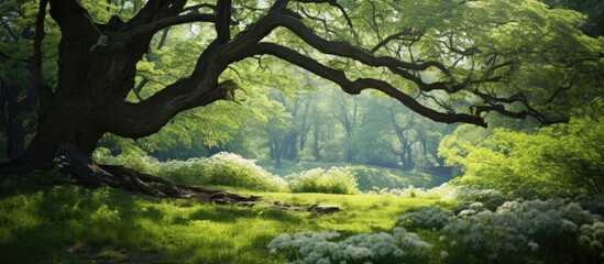 In the isolated old forest surrounded by a sea of green a lone white tree stands tall its leafy branches swaying gently in the summer breeze The background of the park is filled with vibran