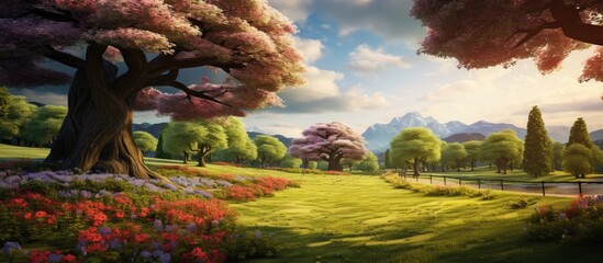 Obraz premium park amidst a picturesque landscape the vibrant green grass and leafy trees provided a beautiful background to the colorful flowers that bloomed like a patterned carpet adding the essence of