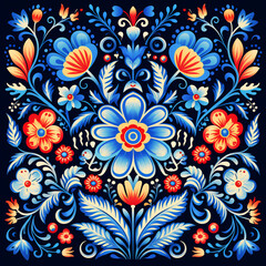 Fototapeta na wymiar Traditional hand-painted colorful art with flowers and leaves on a black background. Folk decorative symmetric floral painting ornament