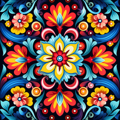 Fototapeta na wymiar Traditional hand-painted colorful art with flowers on a black background. Folk decorative floral ornament