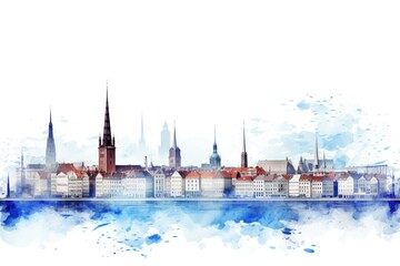 Copenhagen Skyline in White Outline. Downtown High-Rise Buildings and Houses Towering in Isolated Denmark Destination Image
