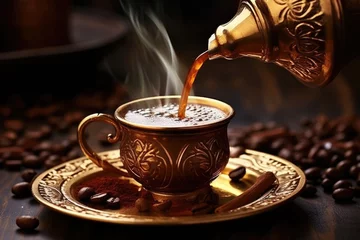 Zelfklevend Fotobehang Turkish Coffee Pouring - Hot Traditional Beverage of Brewed Coffee with Unique Taste and Aroma, Perfect for Breakfast or any Time of The Day © AIGen