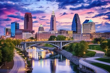 Columbus Ohio Skyline at Twilight, View of Downtown with the Scioto River and City Lights Reflecting on the Water - obrazy, fototapety, plakaty