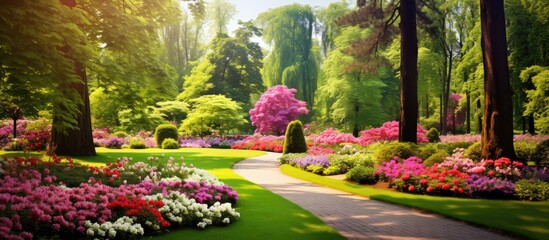 lush green park amidst a stunning floral garden a white vibrant red and colorful array of flowers paint a breathtakingly beautiful background bringing the essence of summer and spring to th