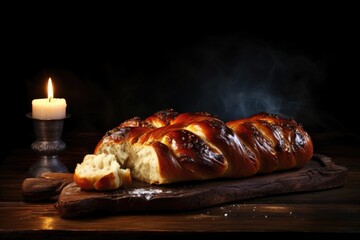 Sabbat Celebration: Challah Bread and Candles on Wooden Table - Kosher Jewish Food for Ceremony - obrazy, fototapety, plakaty