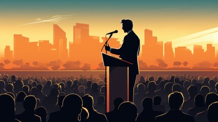 Politician on Stage Speaking to a Crowd During Election Campaign with Microphone and Suit - obrazy, fototapety, plakaty